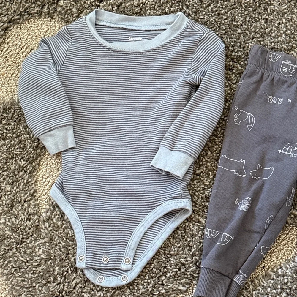 Carters Baby Boy Dog Driving Car Blue Tee Gray Striped Onesie Joggers Lot 3 Pc